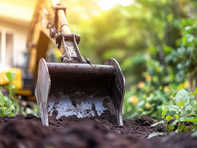 A close-up of a construction digger's bucket scooping rich, dark soil in a serene garden setting.