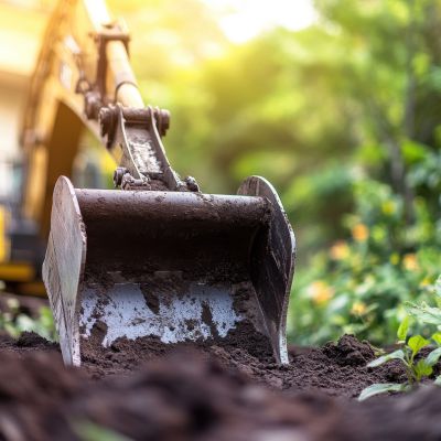 A close-up of a construction digger's bucket scooping rich, dark soil in a serene garden setting.