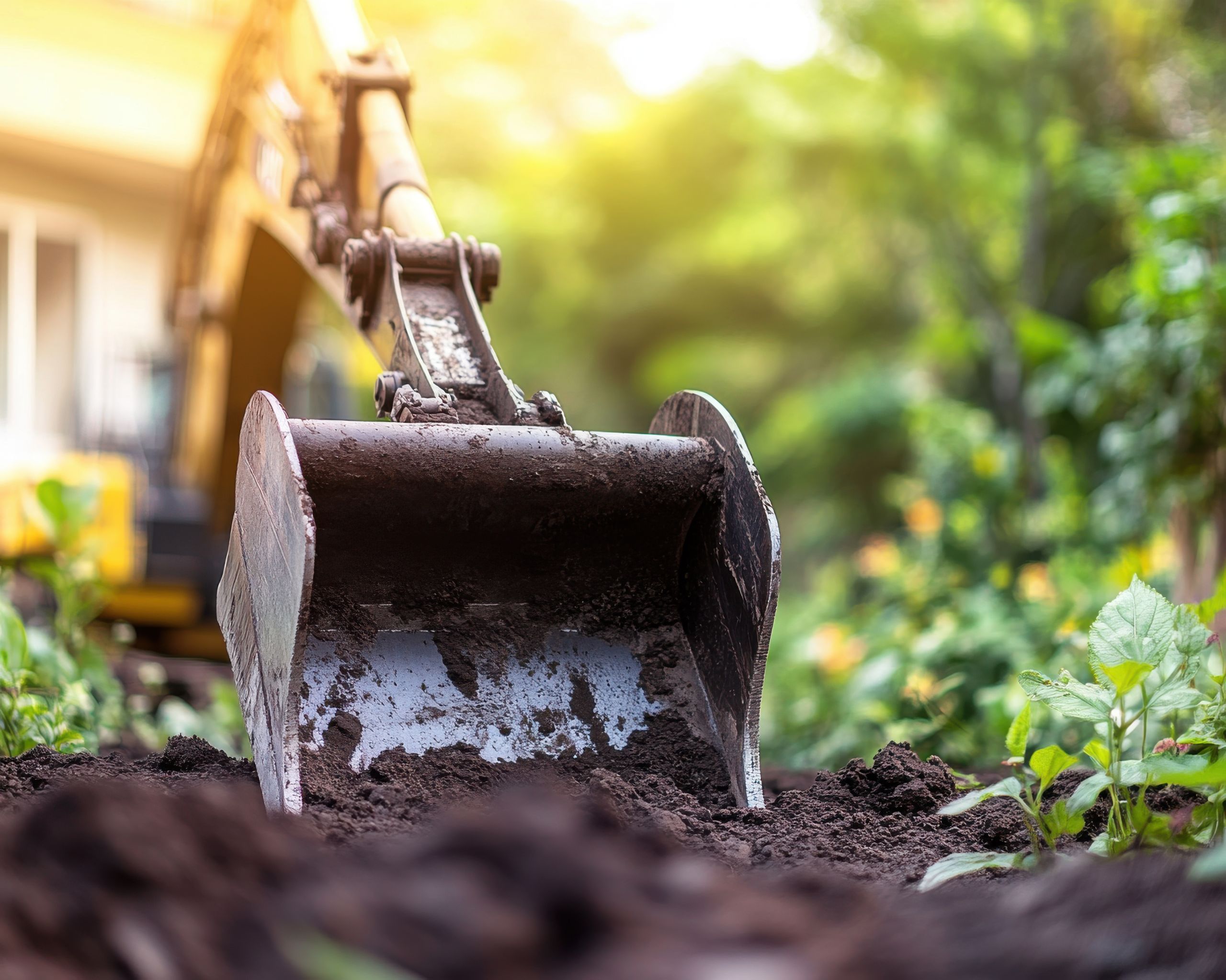 A close-up of a construction digger's bucket scooping rich, dark soil in a serene garden setting.