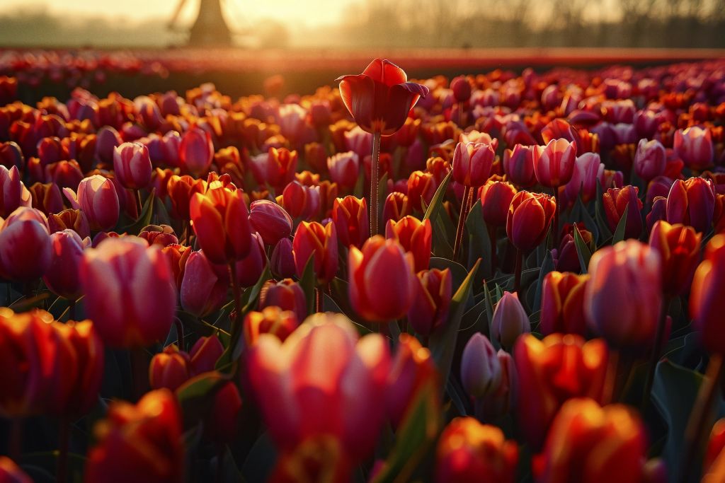 Golden hour light washes over a field of tulips, creating a warm, tranquil scene, AI generated