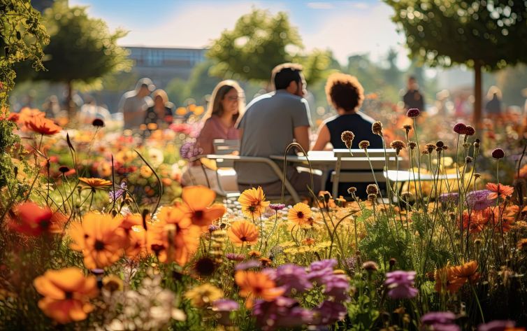 People enjoying a picnic or leisurely stroll in a modern city park surrounded by colorful flower gardens, capturing the joy and relaxation that can be found in nature's beauty