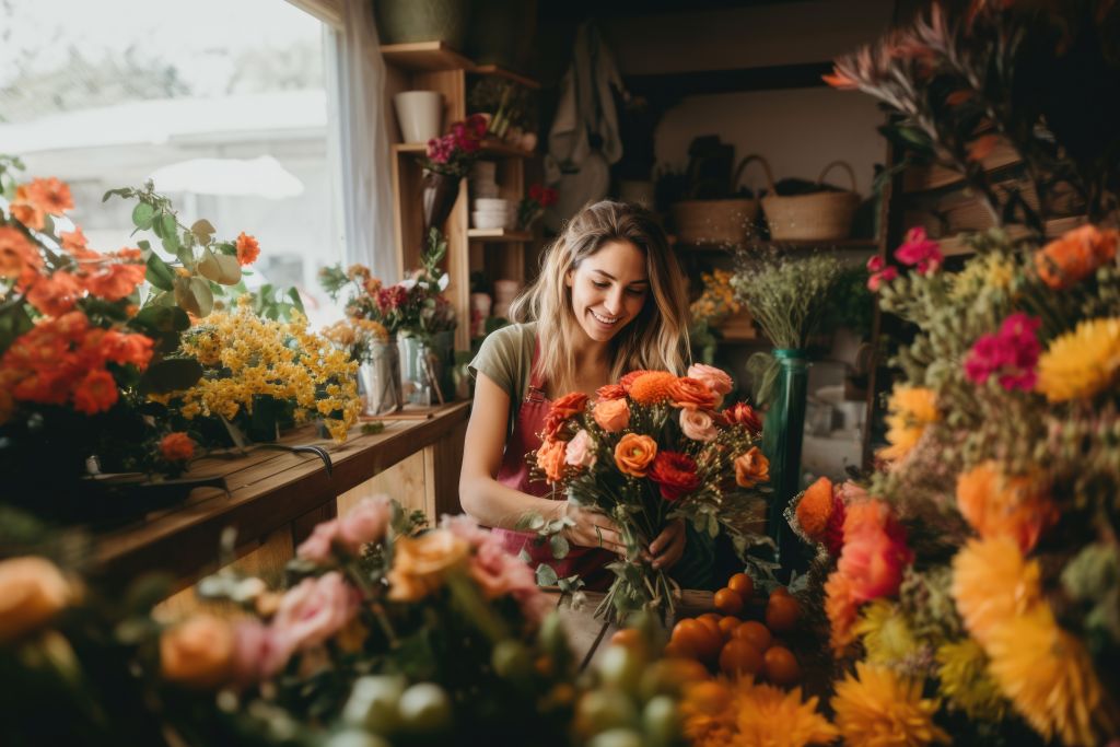 Smiling woman florist arranging a beautiful bouquet of flowers in a flower shop