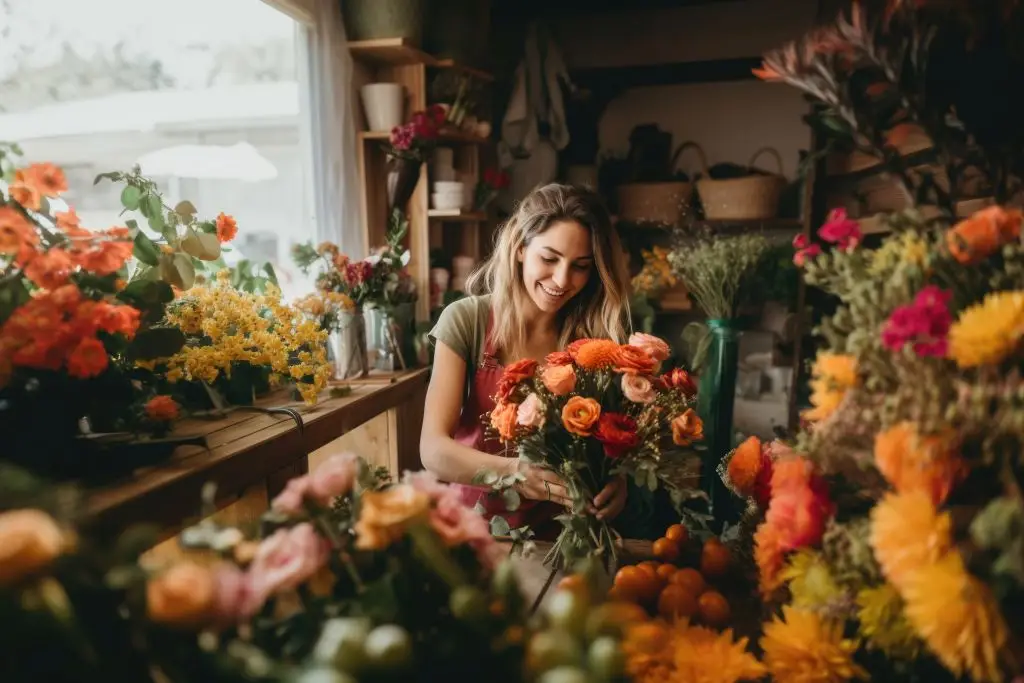 Smiling woman florist arranging a beautiful bouquet of flowers in a flower shop