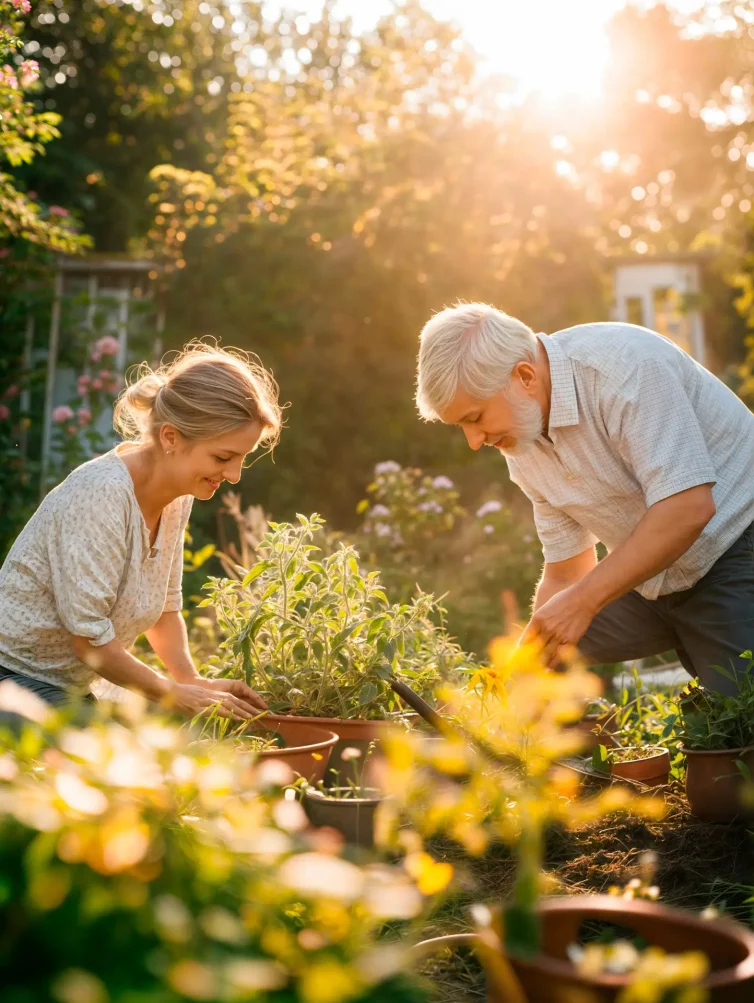 Happy retired couple gardening and enjoying life in bright sunshine